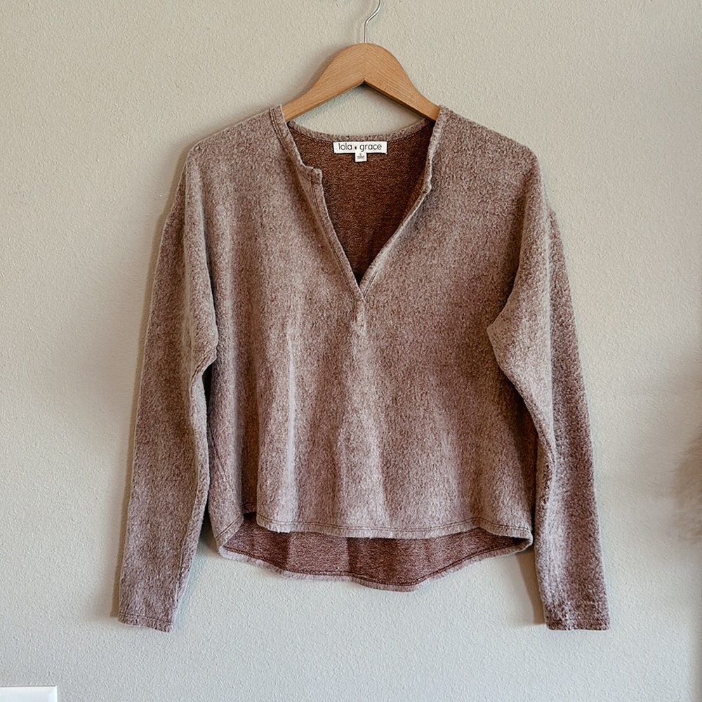 Lola Grace Split Neck Top Pink/Brown/Mauve Size Small